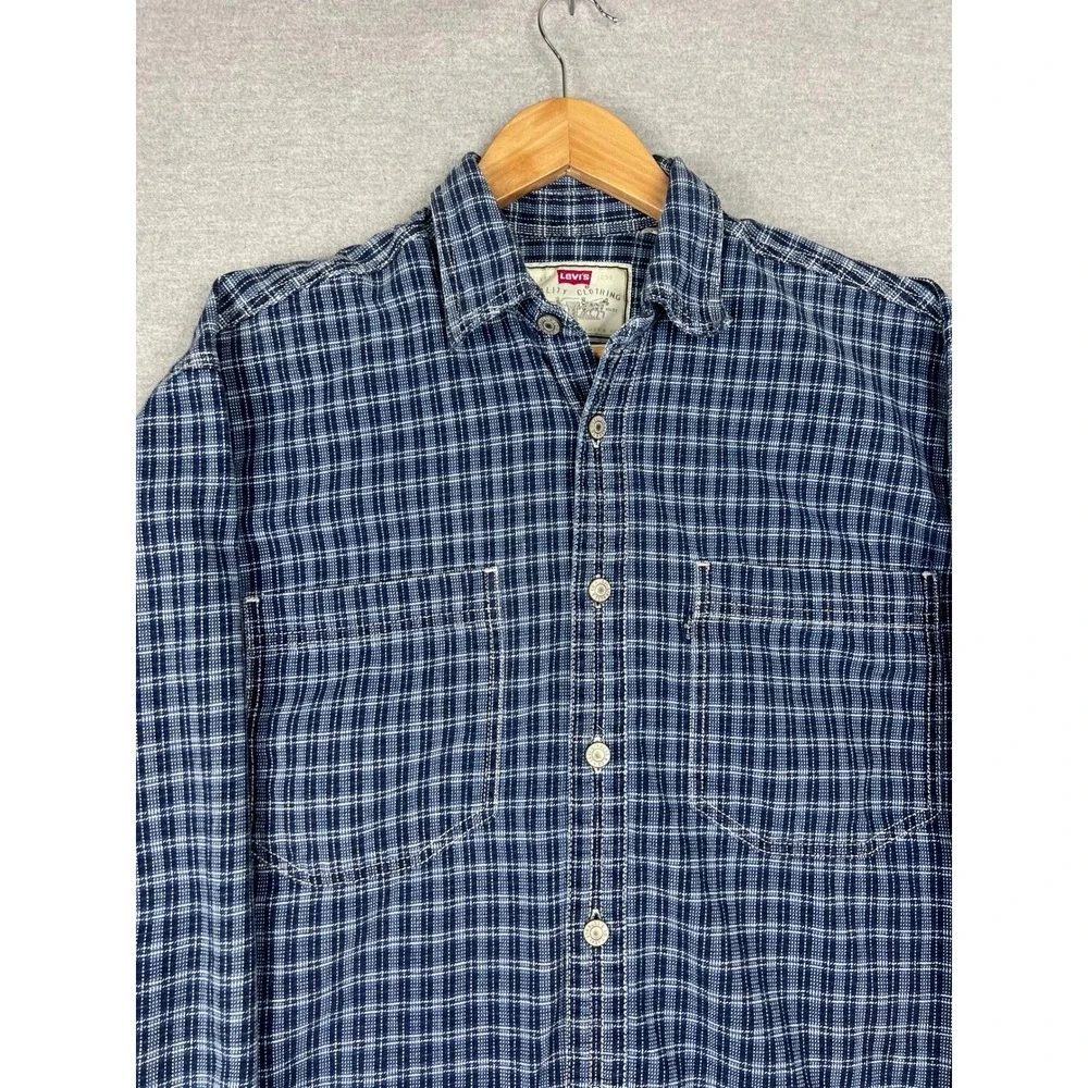 Vintage‎ Levis Quality Clothing Blue Plaid Button Down Cotton Shirt Mens S LS